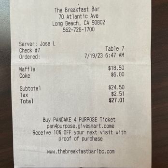 The Breakfast Bar - Waffle came with bacon and a coke but $27? - Breakfast & Brunch Near Me - Long Beach, California The Breakfast Bar - Waffle came with bacon and a coke but $27? - Breakfast & Brunch Near Me - Long Beach, California