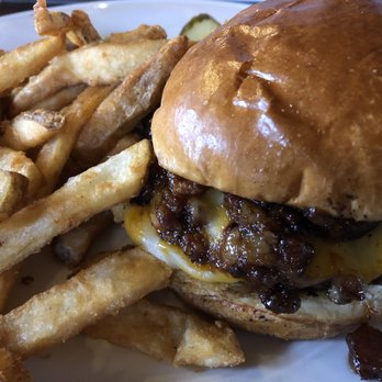 BrickStone Brewery - Burger with bacon BBQ jam and cheese with fries - New American Near Me - Bourbonnais, Illinois BrickStone Brewery - Burger with bacon BBQ jam and cheese with fries - New American Near Me - Bourbonnais, Illinois