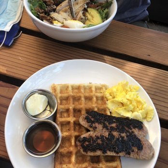 Sibling by Pushkin's - Waffle breakfast with sausage and Cobb salad. - New American Near Me - Sacramento, California Sibling by Pushkin's - Waffle breakfast with sausage and Cobb salad. - New American Near Me - Sacramento, California