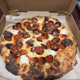 Cheese with "cup and char" pepperoni