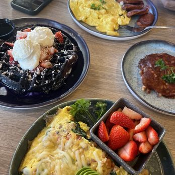Aloha Stacks - Ube coconut waffle, omelette, Portuguese sausage and eggs, corn beef hash - Breakfast & Brunch Near Me - Whittier, California Aloha Stacks - Ube coconut waffle, omelette, Portuguese sausage and eggs, corn beef hash - Breakfast & Brunch Near Me - Whittier, California