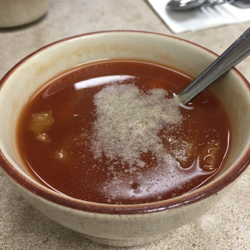 Top Cafe - Complimentary tomato/veggie soup. I added white pepper on top! - Chinese Near Me - Milpitas, California Top Cafe - Complimentary tomato/veggie soup. I added white pepper on top! - Chinese Near Me - Milpitas, California