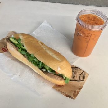 Ba Le Banh Mi - "Beef" steak banh mi (vegetarian), Thai red milk tea - Vietnamese Near Me - Vancouver, British Columbia Ba Le Banh Mi - "Beef" steak banh mi (vegetarian), Thai red milk tea - Vietnamese Near Me - Vancouver, British Columbia