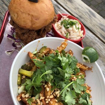 Basilisk - Fried chicken sandwich, Dan Dan fries, Mac salad. More then enough to share with someone! - New American Near Me - Portland, Oregon