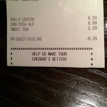 Cheddar's Scratch Kitchen - It's not a lot of money for a meal...unless you don't eat it. Then it's like throwing money out the car window... - American Near Me - Jacksonville, North Carolina Cheddar's Scratch Kitchen - It's not a lot of money for a meal...unless you don't eat it. Then it's like throwing money out the car window... - American Near Me - Jacksonville, North Carolina