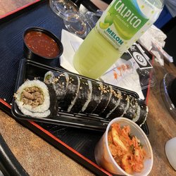 Sues Kimbap House - Bulgogi kimbap with gochuchung sauce and homemade Kimchee. With Melon Cslpico drink
