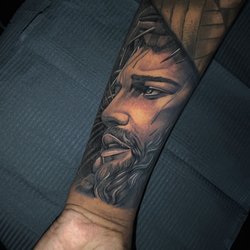 Black Rose Tattoo Collective - Black and grey Jesus piece by Chico