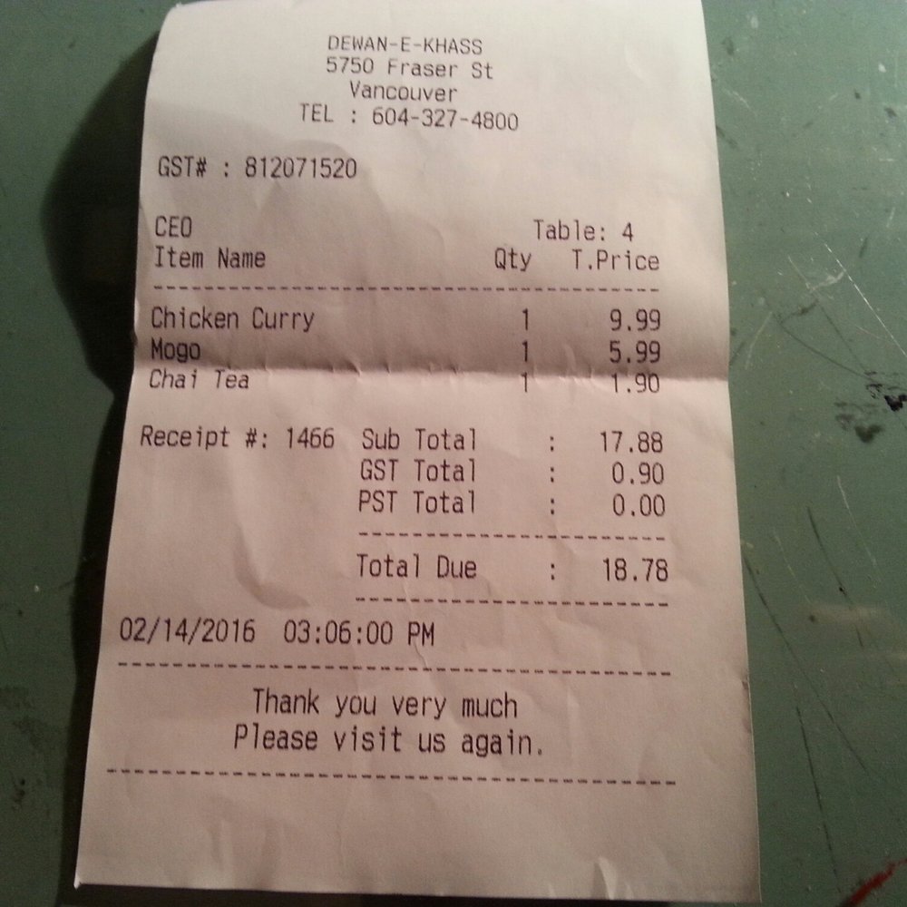Dewan-E-Khass - Food bill - Indian Near Me - Vancouver, British Columbia Dewan-E-Khass - Food bill - Indian Near Me - Vancouver, British Columbia