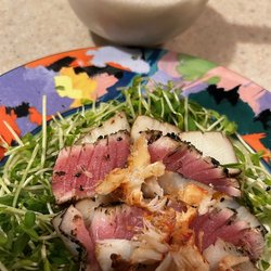 Për’s Smoked of Vermont - Sliced smoked scallops from Për's - layered with seared ahi and topped with smoked lobster from Për's!