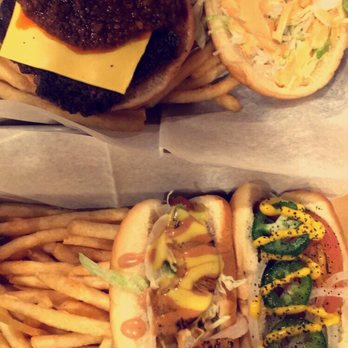 Sup Dogs - top: Buffalo Burger  bottom: Hawaiian and Chicago dog - New American Near Me - Chapel Hill, North Carolina