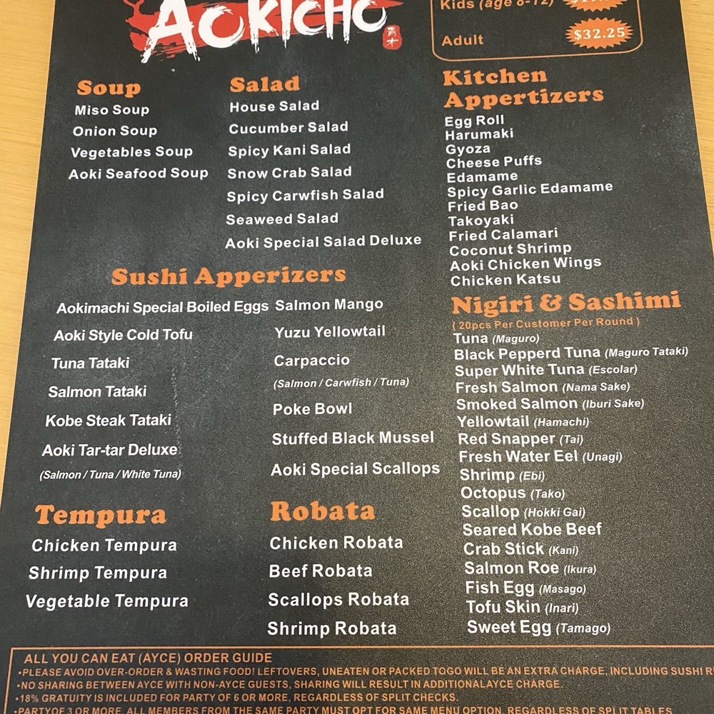 Front of Dinner Menu