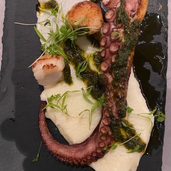 Can Font - octopus and scallops with a patina of seared skin on a potato puree - Spanish Near Me - Portland, Oregon Can Font - octopus and scallops with a patina of seared skin on a potato puree - Spanish Near Me - Portland, Oregon