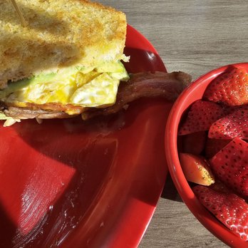 Johnny O's Cafe - Sourdough burger, Cali style, fried egg, avocado, lettuce, tomatoes, cheese and side of strawberries instead of fries. - Cafes Near Me - Rancho Cucamonga, California Johnny O's Cafe - Sourdough burger, Cali style, fried egg, avocado, lettuce, tomatoes, cheese and side of strawberries instead of fries. - Cafes Near Me - Rancho Cucamonga, California