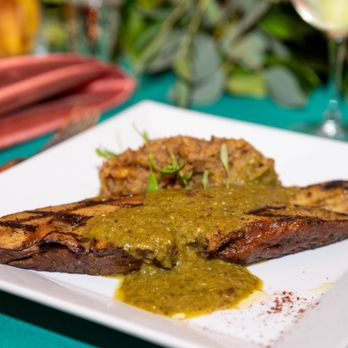 Beyond Sushi Catering - Seitan steak with cilantro salsa and mofongo - Caterers Near Me Beyond Sushi Catering - Seitan steak with cilantro salsa and mofongo - Caterers Near Me