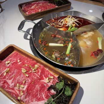 Four Seasons Tea House Hot Pot - Jasmine & osmanthus angus beef (front) & oolong angus beef (back) - Hot Pot Near Me - Mountain View, California Four Seasons Tea House Hot Pot - Jasmine & osmanthus angus beef (front) & oolong angus beef (back) - Hot Pot Near Me - Mountain View, California