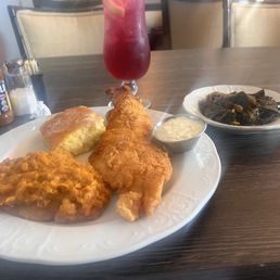 Catfish, sweet potatoes, collard greens, and cornbread. Catfish, sweet potatoes, collard greens, and cornbread.