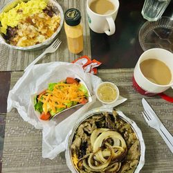 2 Eggs with Corned Beef Hash Platter + sausage, Grilled steak w/onion beans&rice (comes with salad)
