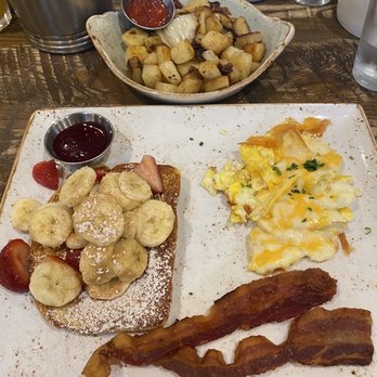 First Watch - French Toast, Hardwood Smoked Bacon, cheese eggs and Fresh, Seasoned Potatoes - Breakfast & Brunch Near Me - Tampa, Florida