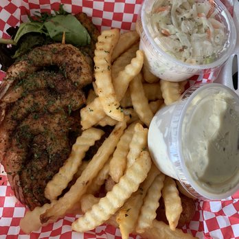 Kravers Seafood - Daphne - Grilled shrimp tail on, grilled mahi mahi under shrimp, fries, slaw, potato salad - Seafood Near Me - Daphne, Alabama