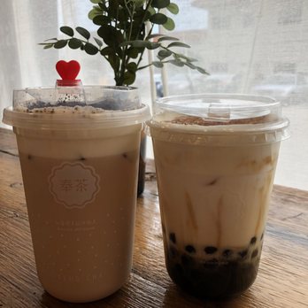 Feng Cha Fort Worth - Oreo Cheese Milk Tea (L) + Dirty Boba (R) - Bubble Tea Near Me - Fort Worth, Texas Feng Cha Fort Worth - Oreo Cheese Milk Tea (L) + Dirty Boba (R) - Bubble Tea Near Me - Fort Worth, Texas