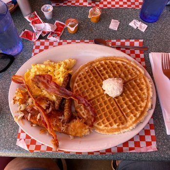 Margarita's - Waffle, 2 bacon, 2 sausage, hash browns and 2 eggs Breakfast combo. - Mexican Near Me - San Diego, California Margarita's - Waffle, 2 bacon, 2 sausage, hash browns and 2 eggs Breakfast combo. - Mexican Near Me - San Diego, California
