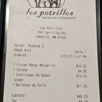 Los Potrillos - Our bill. - Mexican Near Me - Santa Fe, New Mexico