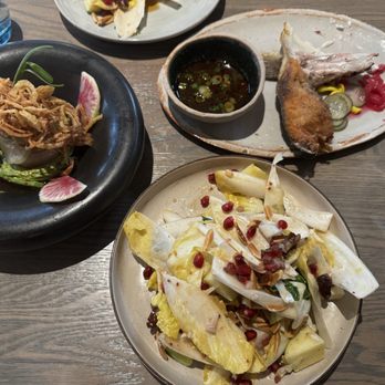 Pez Coastal Kitchen - Scallop/Tuna "Ravioli," fried collarbone(we already dug in to the 2 on the right ), and the endive/date apps. - Seafood Near Me - Pasadena, California