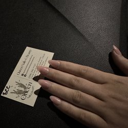 Queen Nails & Beauty - Light pink full set acrylic with business card for Queen. Bee did an amazing job and was very fast.
