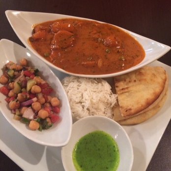 Cilantro Indian Cafe - Chicken tikka masala, chickpea salad, rice, naan, cilantro sauce - Indian Near Me - Cary, North Carolina