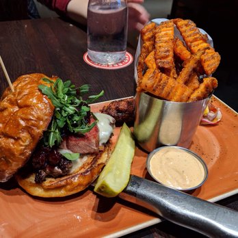Red Cow North Loop - Manhattan 2.0 burger with sweet potato fries - New American Near Me - Minneapolis, Minnesota Red Cow North Loop - Manhattan 2.0 burger with sweet potato fries - New American Near Me - Minneapolis, Minnesota