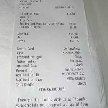 Tigawok - Receipt - Chinese Near Me - Burbank, California