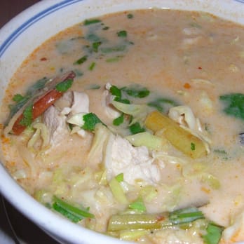 Dao Thai - some kind of Chicken coconut soup, after I spooned out the spicy red oil on top. - Thai Near Me - Chicago, Illinois