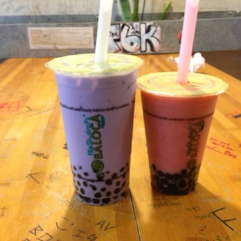 Boba Loca - Large taro milk tea boba and regular strawberry banana boba. - Coffee & Tea Near Me - Burbank, California Boba Loca - Large taro milk tea boba and regular strawberry banana boba. - Coffee & Tea Near Me - Burbank, California