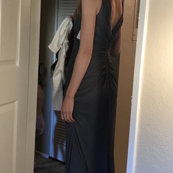 David's Bridal - 11/25/19 High-Neck Ruched Mesh Bridesmaid Dress in Pewter on!(side view) - Bridal Near Me - Roseville, California