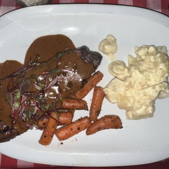 Chez Jay - New York Strip steak, scalloped potatoes and grilled carrots - Steakhouses Near Me - Santa Monica, California Chez Jay - New York Strip steak, scalloped potatoes and grilled carrots - Steakhouses Near Me - Santa Monica, California