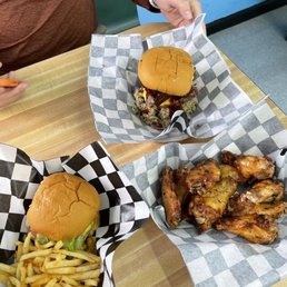 Cheeseburger & fries, smoked wings, triple threat burger