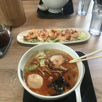 Ramen Tatsunoya - (2) Spicy Tonkatsu Ramen bowls ( each w/ added flavored egg) and the garlic shrimp. Delicious. - Ramen Near Me - Pasadena, California