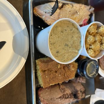 Destination Smokehouse - Left to right: smoked turkey, garlic mashed potatoes, Mac & Cheese Side, Honey Cornbread (DD) and brisket. - Barbeque Near Me - Murrieta, California Destination Smokehouse - Left to right: smoked turkey, garlic mashed potatoes, Mac & Cheese Side, Honey Cornbread (DD) and brisket. - Barbeque Near Me - Murrieta, California