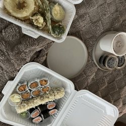 Yam rolls, salmon rolls, dynamite rolls and vegetable tempura