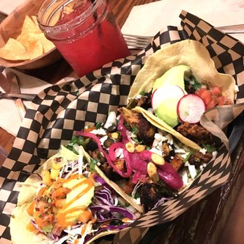 Tacovore - In no particular order, shrimp (meh), veggie (absolutely worth it!), and a third taco, which was whatevs, and a blackberry mint margarita. - Mexican Near Me - Eugene, Oregon