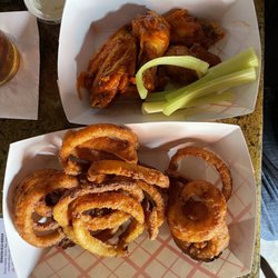 The End Zone - Jumbo Carolina Reaper Wings and xtra crispy onion rings.
