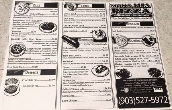 Menu photo 2 Mona Lisa Pizza Caddo Mills, TX