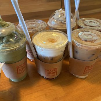 Have Some Coffee - left to right- matcha frappe, Peach Iced Tea, Strawberry Bianco, Coffee Frappe, iced latte, Iced Americano - Coffee & Tea Near Me - Los Angeles, California