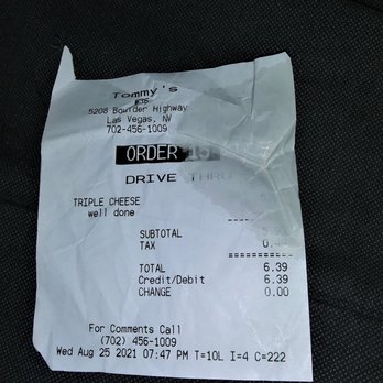 Original Tommy's - receipt - Burgers Near Me - Las Vegas, Nevada Original Tommy's - receipt - Burgers Near Me - Las Vegas, Nevada
