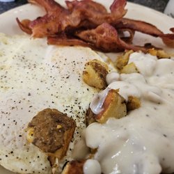 Shirley's Kitchen - Two over easy, home fries with country gravy, bacon