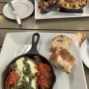 Bistango - (1-near side) Baked eggs with short rib hash (2-far side) mushroom & smoked mozzarella frittata with roasted potatoes - Italian Near Me - New York, New York