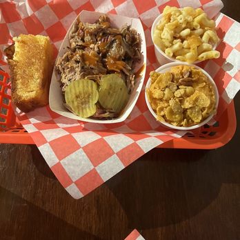 Moe's Original Bar B Que - Chopped pork BBQ, sweet potato casserole & Mac & cheese with cornbread. - Barbeque Near Me - Woodfin, North Carolina