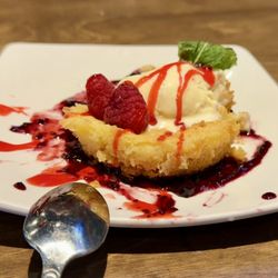 The Parlay Kitchen + Cocktails - 5/11/25 - Brown butter cake with raspberry sauce & vanilla ice cream - delicious