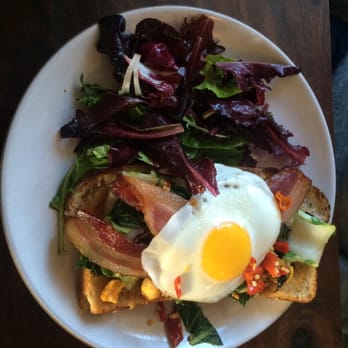 Outerlands - Fried egg & bacon open sandwich with seasonal veggies (Bok Choy) - New American Near Me - San Francisco, California