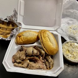 It's In The Sauce BBQ - Brisket Plate with garlic bread, potato salad, and apple cobbler, DELICIOUS